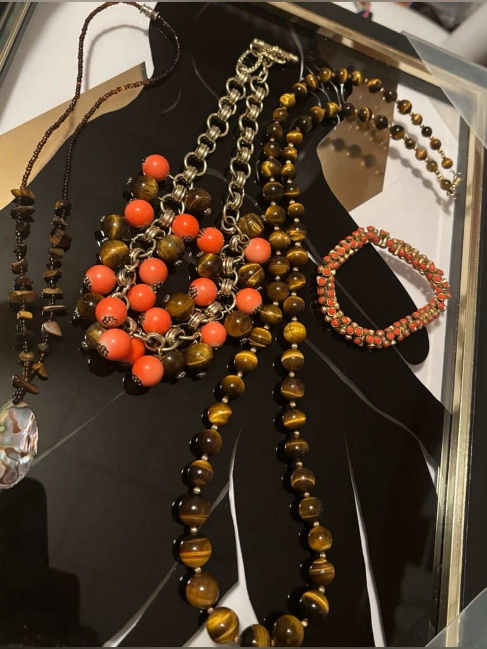 Coral and Tiger Eye Beaded Statement Jewelry Set-3Necklaces & 1Bracelet